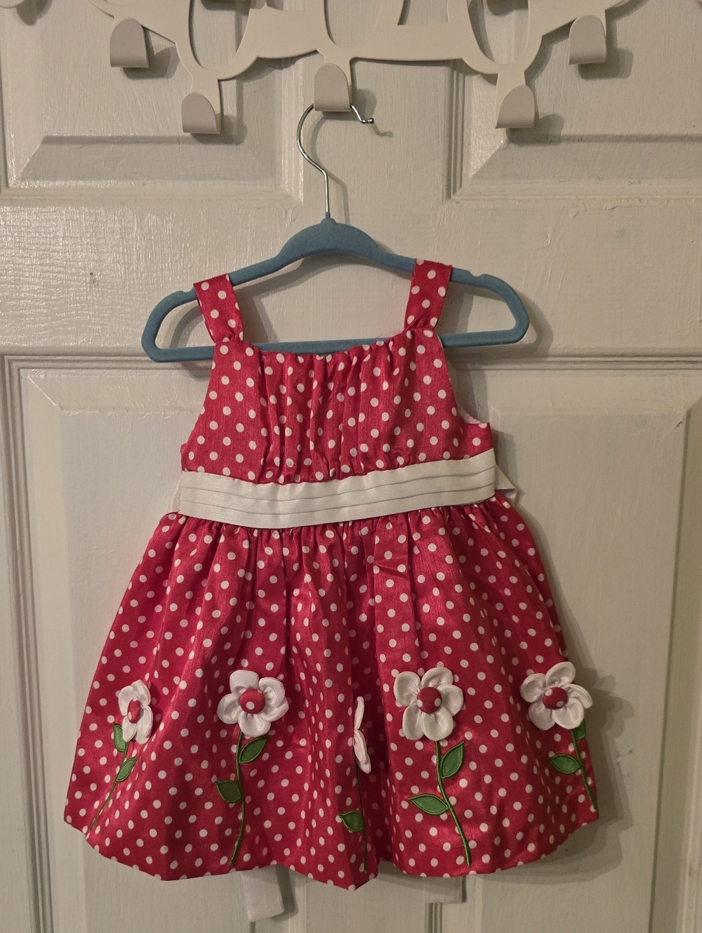 Cinderella Hot Pink Polka Dot Dress with White Sash & Floral Appliqués